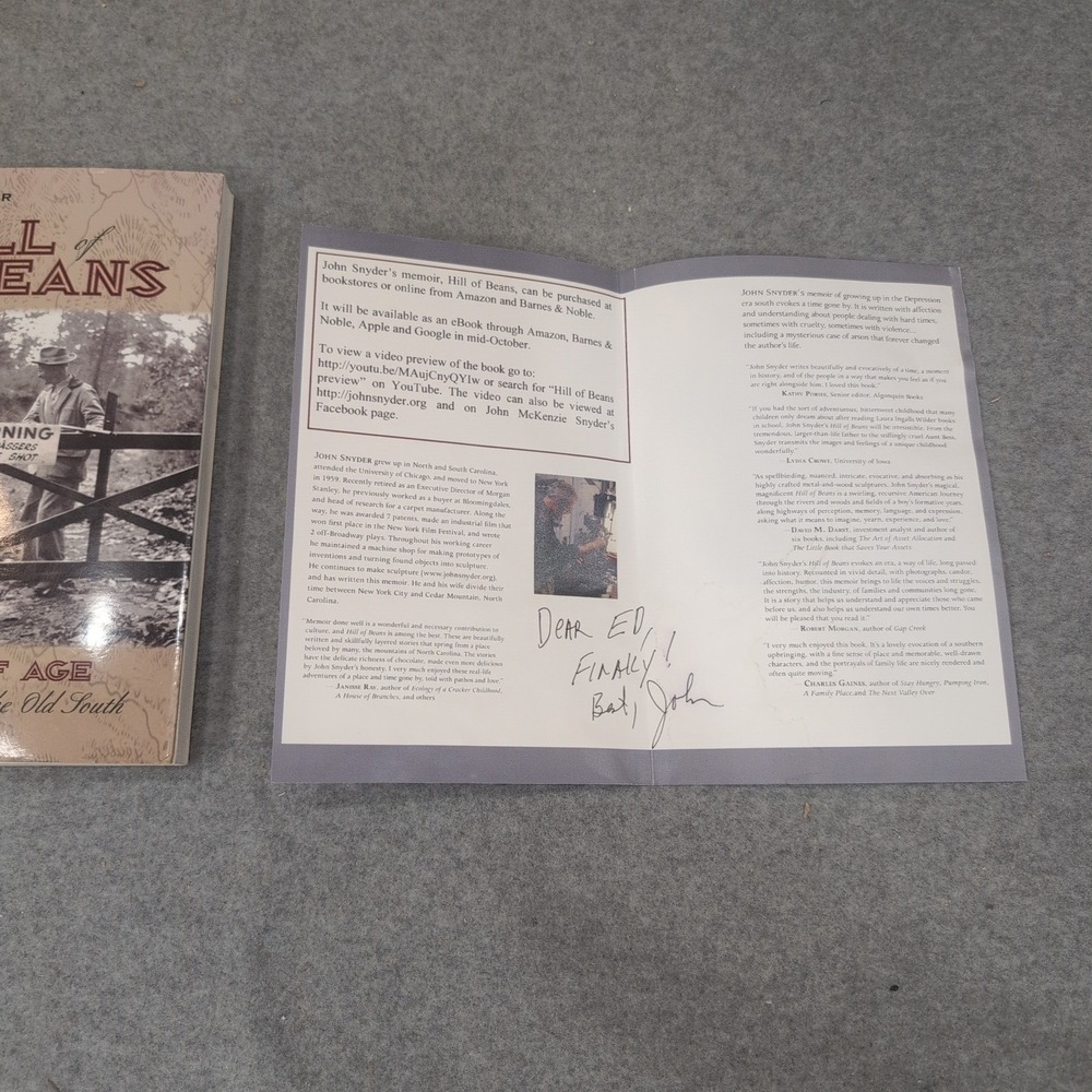 Hill of Beans John Snyder Coming of Age Old South Paperback Signed Insert - Picture 5 of 7